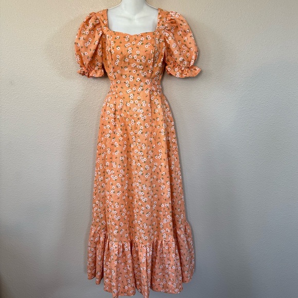 Adorable 1970s Soft Pink Floral Puff Sleeve Maxi Dress